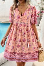V Neck Floral Print Short Sleeve Mini Dress - Image 3