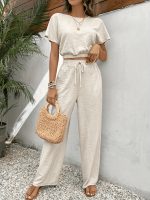 Solid Color Summer & Spring Casual Two-piece Set, Batwing Sleeve Crop Top & Tie Front Pants Outfits, Women's Clothing - Image 10