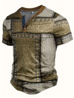 Men's 3D Digital Denim Patchwork Pieces Pattern Print T-shirt With Buttoned Henley Neck And Short Sleeve, Casual And Chic Tops For Summer Outdoors Wear