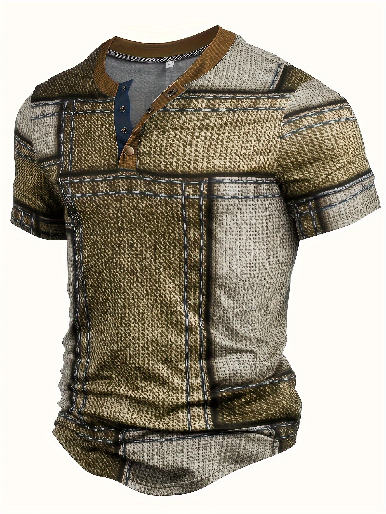 f294d5f7-d801-4a32-90af-8fcd105b88b5.jpg Men's 3D Digital Denim Patchwork Pieces Pattern Print T-shirt With Buttoned Henley Neck And Short Sleeve, Casual And Chic Tops For Summer Outdoors Wear - Image 1