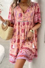 V Neck Floral Print Short Sleeve Mini Dress - Image 2