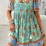 Floral Print V Neck Short Sleeve Mini Dress