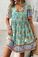Floral Print V Neck Short Sleeve Mini Dress