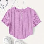 Solid Ribbed Crop T-Shirt, Casual Crew Neck Short Sleeve Top, Women's Clothing - Image 3