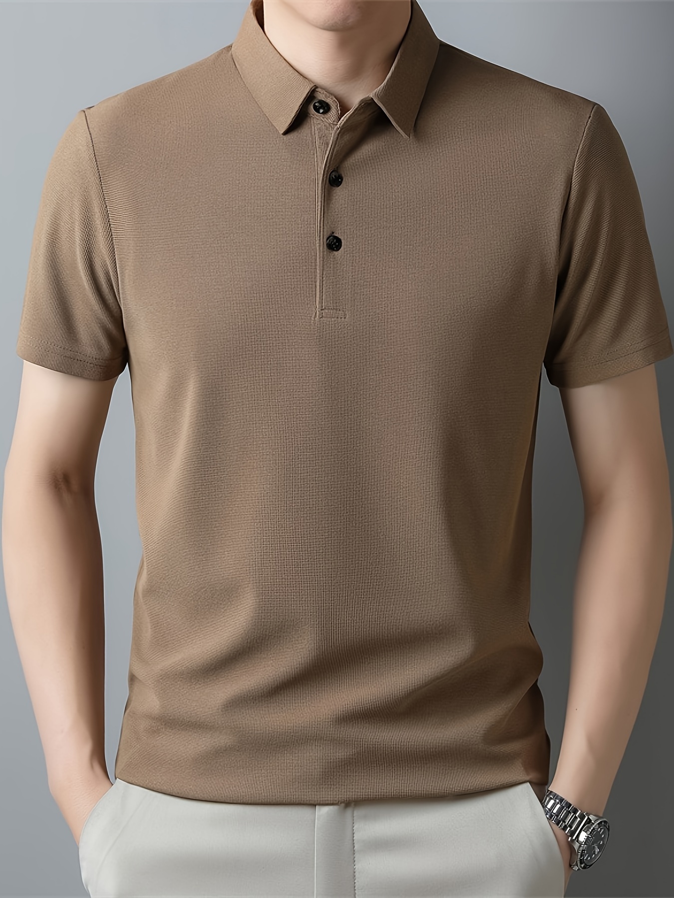 f3ac38a0-9476-4b4b-a721-8fbcedf7c180.jpg Men's Solid Short Sleeve And Lapel Collar Henley Shirt, Casual And Comfy Sports Tops For Summer Golf Wear And Outdoors Activities - Image 1