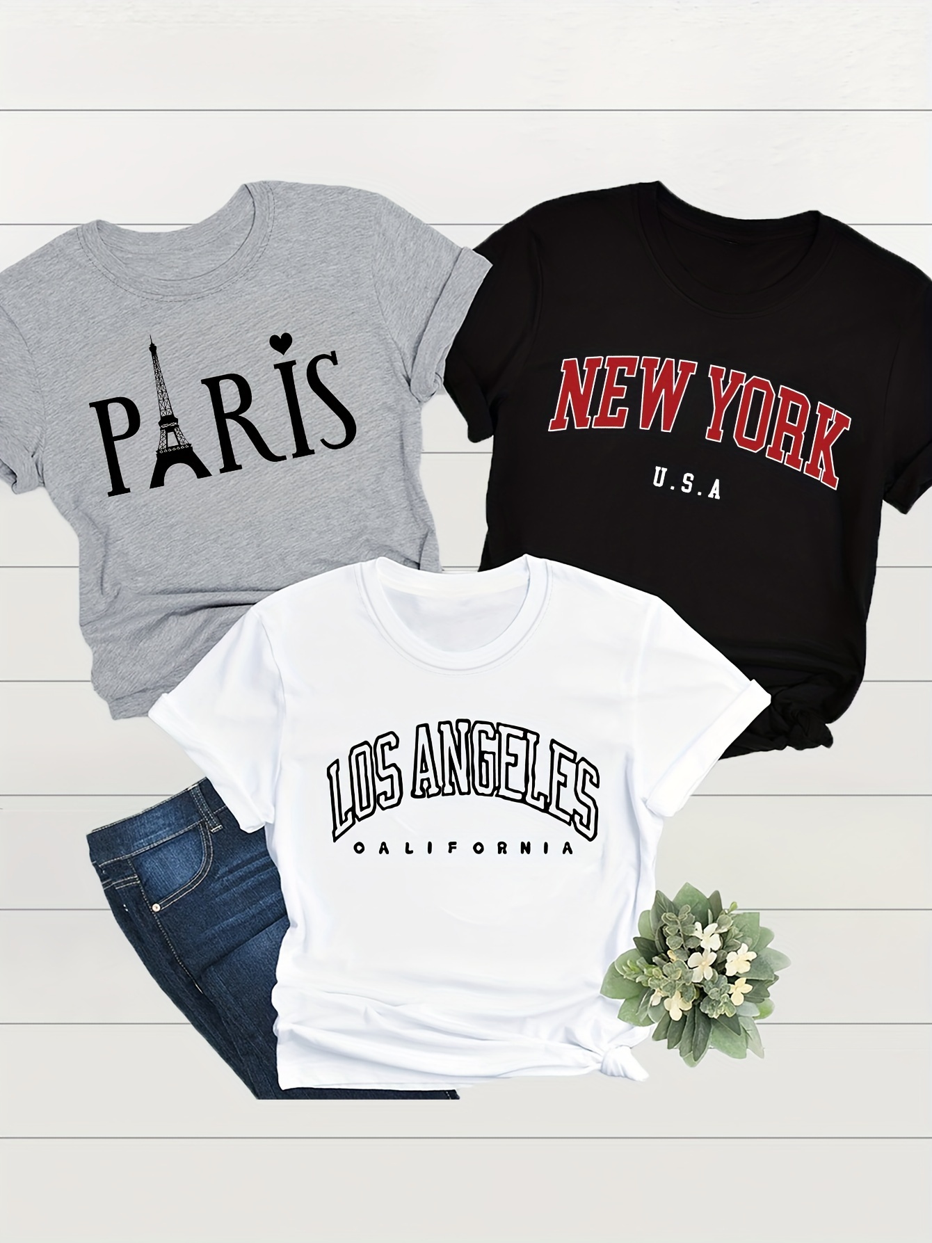 f3fe5c17-e60c-4018-85c0-f17595fdf743-1.jpg 3 Pack Eiffel Tower Print Crew Neck T-Shirt, Casual Short Sleeve T-Shirt For Spring & Summer, Women's Clothing - Image 1