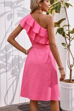 Stripe Print One Shoulder Tie Waist Casual Dress - Image 5
