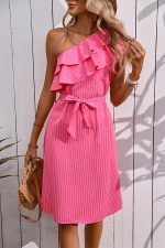 Stripe Print One Shoulder Tie Waist Casual Dress - Image 2
