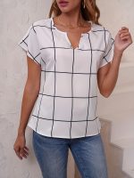 Plaid Print V Neck Blouse, Short Sleeve Casual Blouse For Spring & Summer, Women's Clothing - Image 5