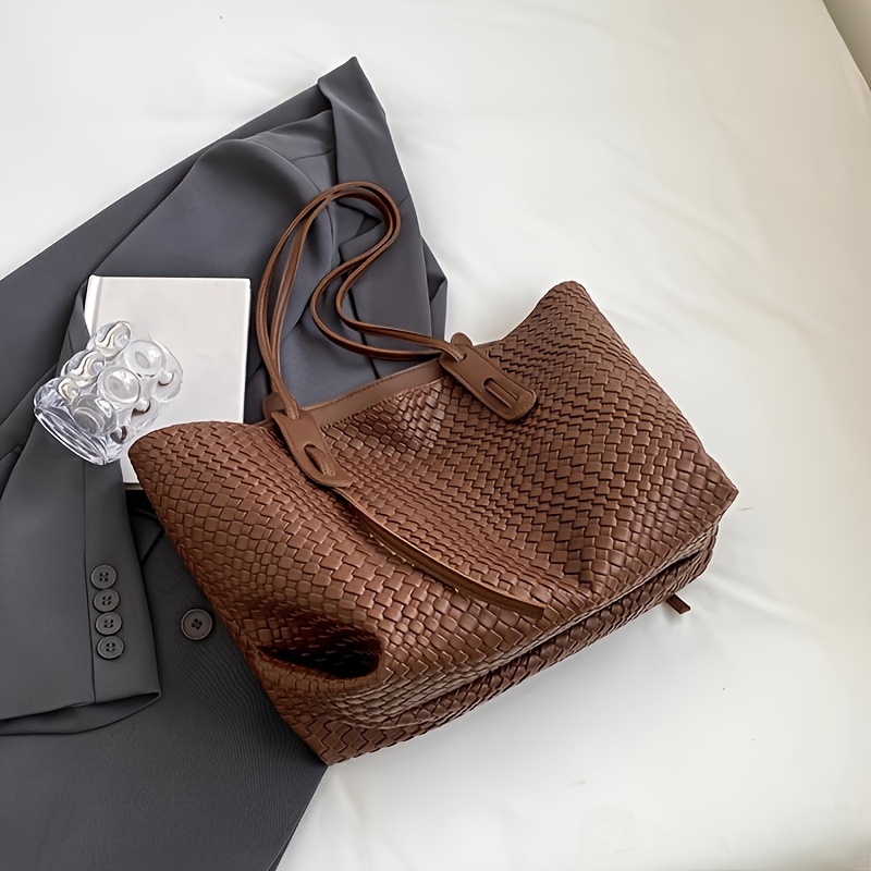 f598081c-07fb-46ac-bab8-115aece6847b.jpg Large Capacity Woven Tote Bag For Women, Fashionable PU Leather Shoulder Bag, Versatile Elegant Commuter Handbag, Perfect For Work And Leisure, Ideal Valentine's Day Gift - Image 1