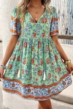 Floral Print V Neck Short Sleeve Mini Dress - Image 5