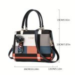 Colorblock Handbag For Women, Plaid Pattern Shoulder Bag, Casual Crossbody Purse With Pompom Charms - Image 7