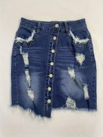 Ripped Asymmetric Single-breasted Raw Hem Denim Skirt, Medium Stretch Whiskering Distressed Denim Skirt, Women's Denim Jeans & Clothing - Image 3