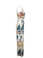 Plant Print Vacation Two-piece Set, V Neck Sleeveless Top & High Waist Wide Leg Pants Outfits, Women's Clothing - Image 4
