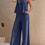 Solid Elegant Two-piece Set, Sleeveless Tank Top & Wide Leg Loose Pants Outfits, Women's Clothing - Image 2