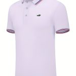 Breathable Embroidered Shirt, Men's Casual Crocodile Pattern Stripe Lapel Button Up Golf Shirt For Summer - Image 10