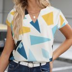 Color Block Graphic Print Blouse, Notched Neck Casual Short Sleeve Blouse, Women's Clothing - Image 9