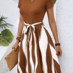 Striped Print Tie Waist Splicing Dress, Versatile Short Sleeve Dress For Spring & Summer, Women's Clothing For Elegant Dressing - Image 4