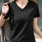Solid Color V Neck T-Shirt, Casual Short Sleeve T-Shirt For Spring & Summer, Women's Clothing