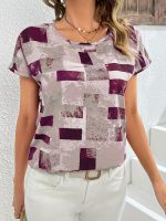Geometric Print Blouse, Casual Crew Neck Short Sleeve Summer Blouse, Women's Clothing - Image 6