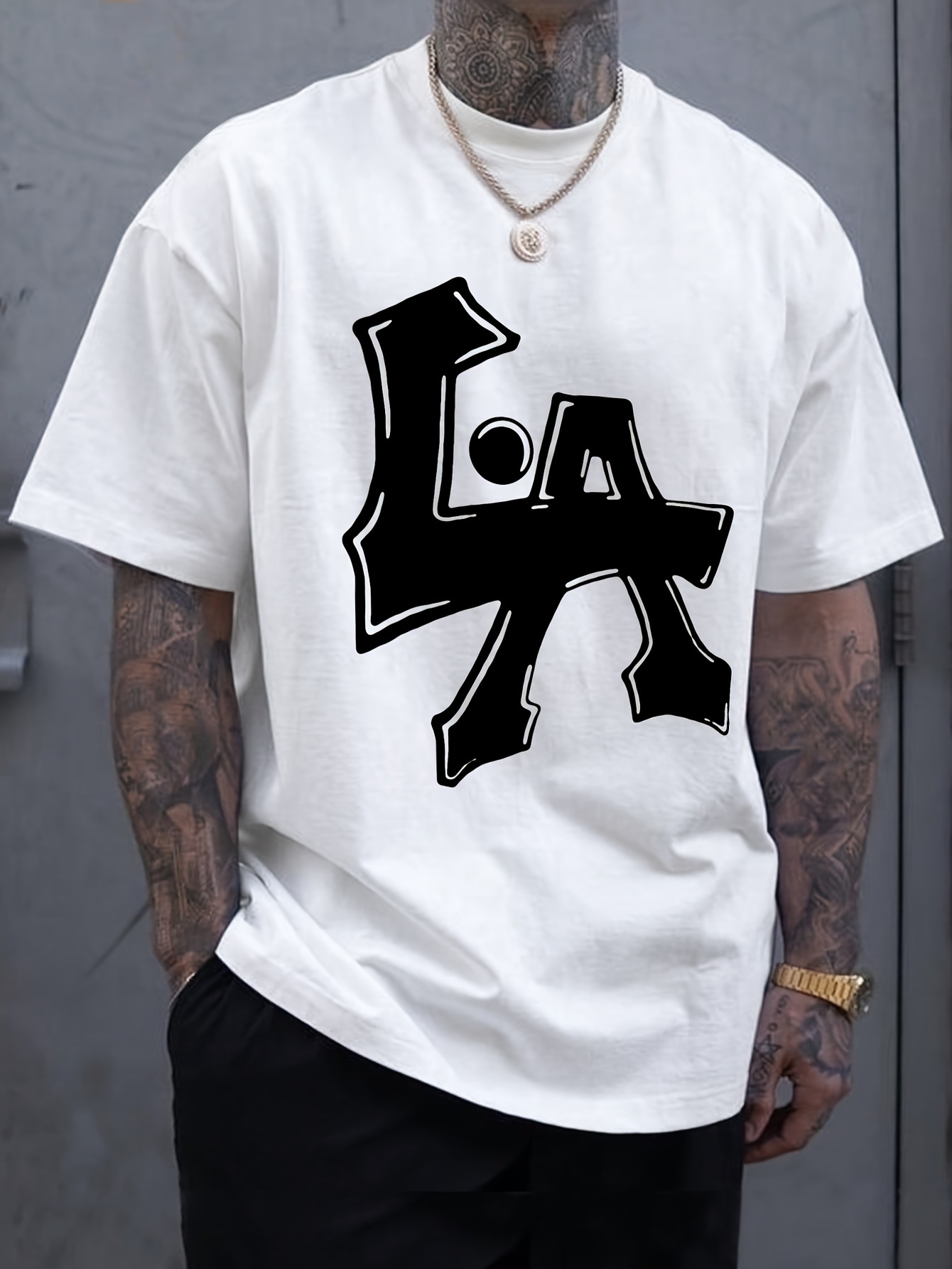 fb58d0b4-1302-418a-91b7-6fc45e6a98a3.jpg Men's Los Angeles Print Short Sleeve T-Shirts, Comfy Casual Elastic Crew Neck Tops, Men's Clothing - Image 1
