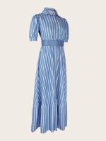 Elegant Striped Lace Up Long Dress, Short Sleeve V-neck Swing Belt Summer Long Dresses, Women's Clothing - Image 4