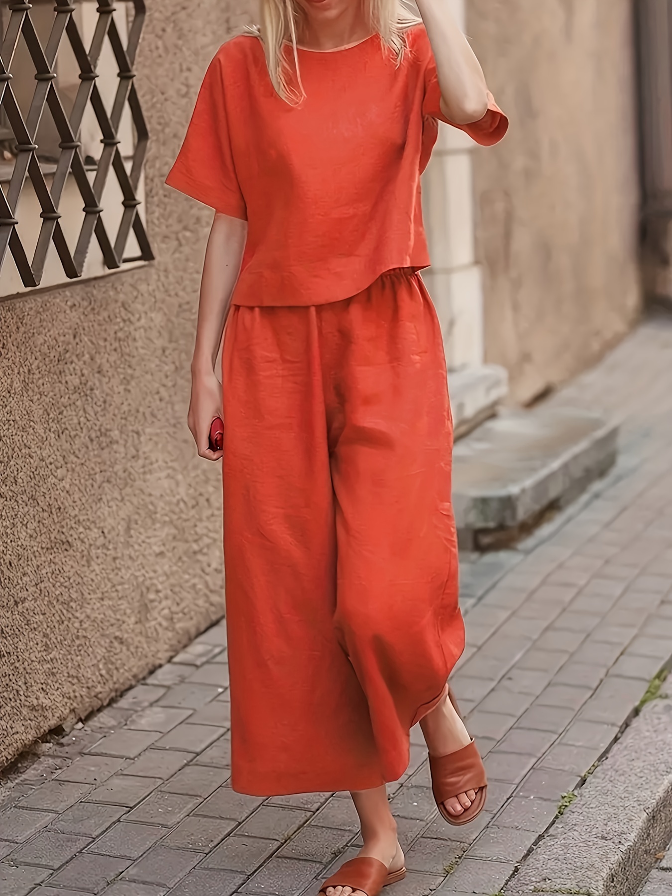 fc8b3a1f57035bdde99fb50d7be95cbc-1.jpg Solid Two-piece Set, Crew Neck Casual T-Shirt & Wide Leg Pants, Women's Clothing - Image 1