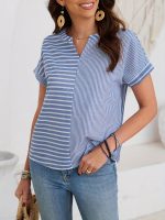 Striped Print Notched Neck Blouse, Casual Short Sleeve Blouse For Spring & Summer, Women's Clothing - Image 8