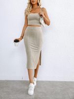 Ribbed Knit Two-piece Skirt Set, Crop Cami Top & Split Hem Skirt Outfits, Women's Clothing