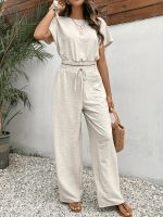 Solid Color Summer & Spring Casual Two-piece Set, Batwing Sleeve Crop Top & Tie Front Pants Outfits, Women's Clothing - Image 8