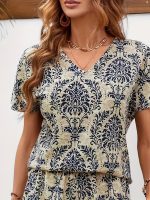 Elegant Ethnic Print Two Pieces, V Neck Short Sleeve Top & High Waist Shorts Outfits, Women's Clothing - Image 5