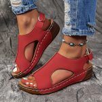 Women's Solid Color Wedge Heeled Sandals, Casual Open Toe Platform Shoes, Comfortable Ankle Strap Sandals - Image 5