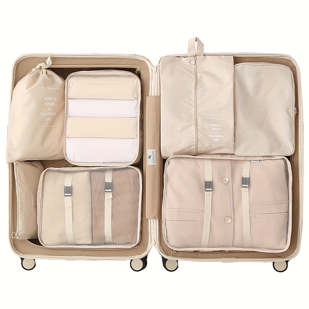 ffaa82d8-acb0-420e-b58f-cf7c0c5b23fc.jpg 7pcs Large Capacity Travel Organizer Set, Nylon Packing Cubes With Storage Pouch For Clothes, Pants, Shoes, Socks - Vacation Style, Portable Luggage Bags - Image 1
