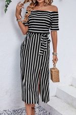 Stripe Print Off The Shoulder Split Side Dress - Image 2