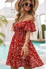 Off The Shoulder Floral Print Smoked Waist Dress - Image 2