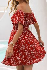 Off The Shoulder Floral Print Smoked Waist Dress - Image 4