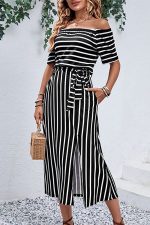 Stripe Print Off The Shoulder Split Side Dress - Image 5