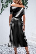 Stripe Print Off The Shoulder Split Side Dress - Image 6