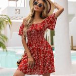 Off The Shoulder Floral Print Smoked Waist Dress - Image 5