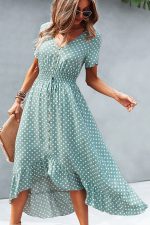 Dots Print High Waist V Neck Casual Dress - Image 4