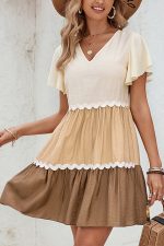 Color Block V Neck Ruffle Hem Casual Dress - Image 2