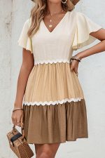 Color Block V Neck Ruffle Hem Casual Dress