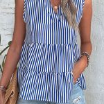 Stripe Print V Neck Ruffle Hem Tops