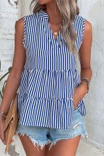 Stripe Print V Neck Ruffle Hem Tops