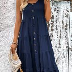 Solid Color Round Neck Button Up Casual Dress