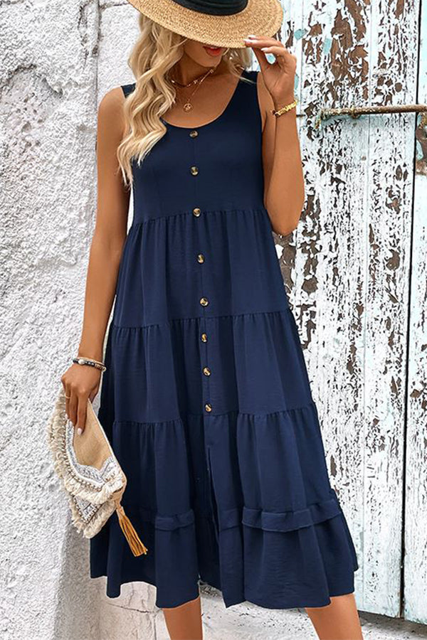 l1_aa51af8b-ba96-462d-b68d-b4559b8050d7.jpg Solid Color Round Neck Button Up Casual Dress - Image 1