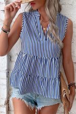 Stripe Print V Neck Ruffle Hem Tops - Image 2
