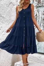 Solid Color Round Neck Button Up Casual Dress - Image 5