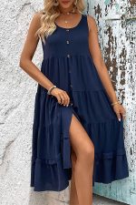 Solid Color Round Neck Button Up Casual Dress - Image 3
