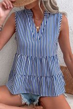 Stripe Print V Neck Ruffle Hem Tops - Image 3